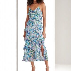 Steve Madden Blue Coral Tiered Ruffle Coquette Spring Maxi Slip Dress sz 12 NWT